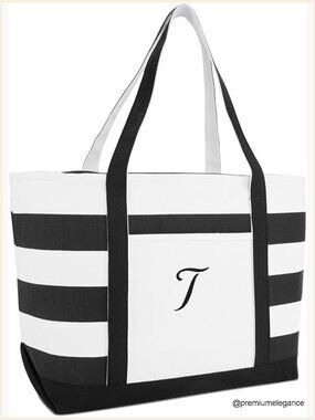 Large Striped Canvas Beach Tote with Zipper and Initial Letter